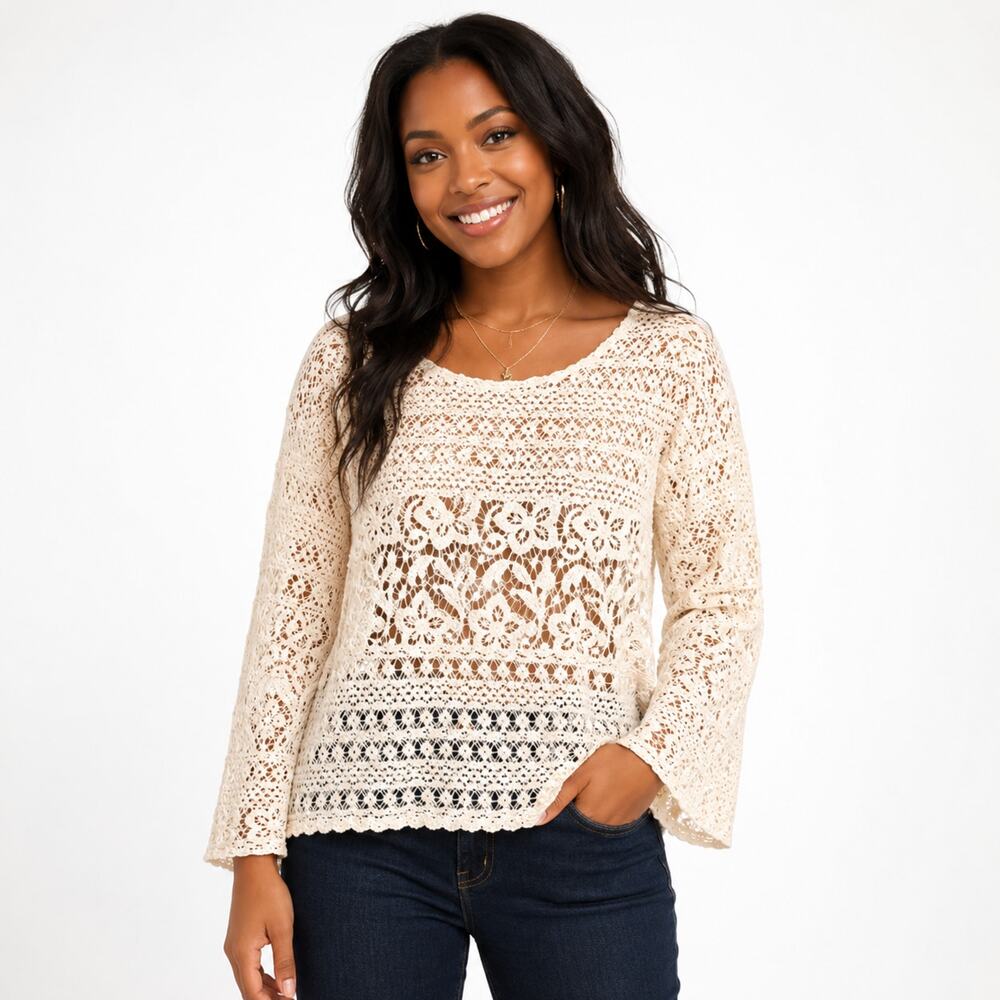 Charming Charlie Sheer Crochet Lace Blouse Size Large Cream Boho EUC
